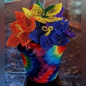 Tie Dye Pride/Rainbow Decoupage Pot filled with French Beaded Flowers---Small